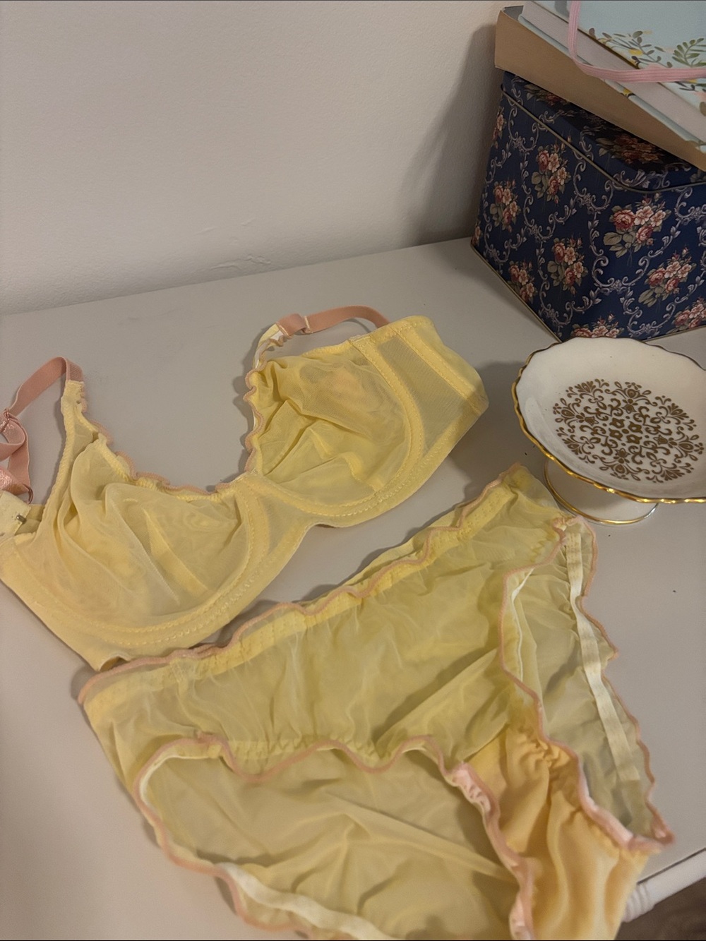 NEVER USED! Sheer Yellow Lace Trim Bra & Panty Set